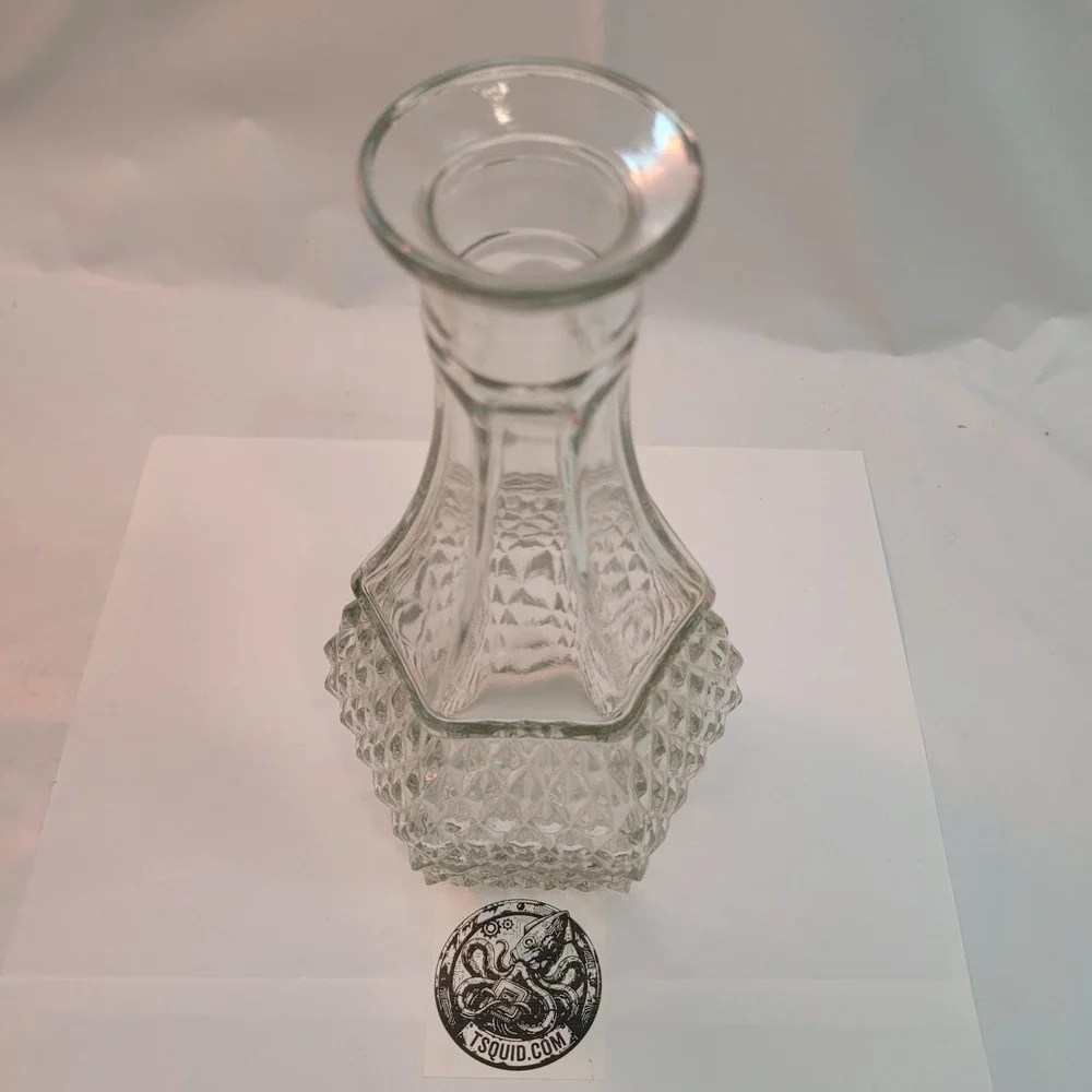 Vintage Glass‎ Decanter Vase Diamond Point Clear Hexagonal Base 9.5 Inch Carafe